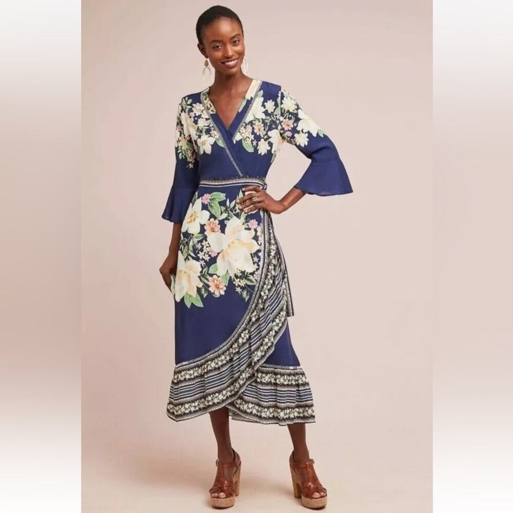 Farm Rio Anthropologie Midnight Flower Wrap Dress Blue Floral Cottage Small